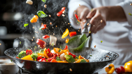 Chef tossing colorful vegetables into wok, chef and ingredients, art and flavor