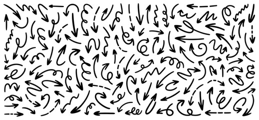 Set of dynamic black arrows in various styles including curved, dashed, spiral, and zigzag. Perfect for presentations, infographics, interfaces, and creative projects. Isolated on white background.