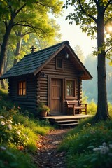 Secluded Rustic Cabin Peaceful Nature Escape, Sunlight Streaming Through Wooden Walls, Perfect for Relaxation and Solitude