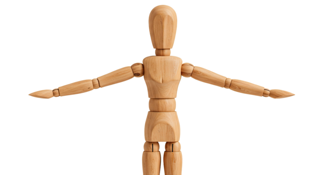 A wooden artist mannequin with arms outstretched against a black backdrop.
