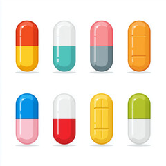 set of pills on white background.