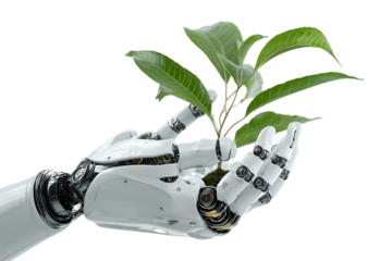 A robotic hand gently cradles a young plant, symbolizing AI's role in environmental sustainability.