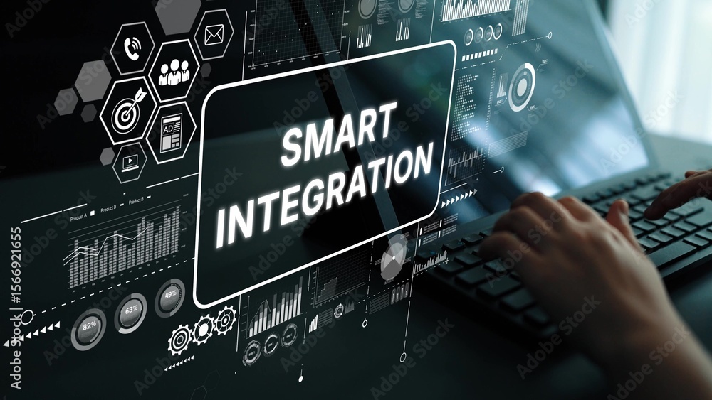 Poster futuristic digital interface with data analytics and smart integration concept for technology backgr
