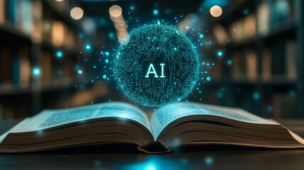Die allwissende Künstliche Intelligenz scannt den Inhalt eines geöffneten Buches in einer Bibliothek, Alt trifft Neu, Querformat