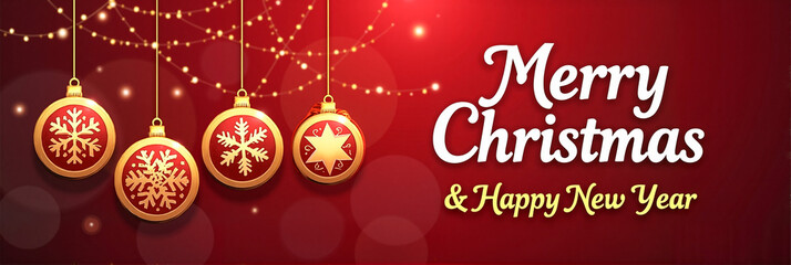 Naklejka premium Elegant Christmas greeting card with golden ornaments against a deep red background, festive celebration concept.