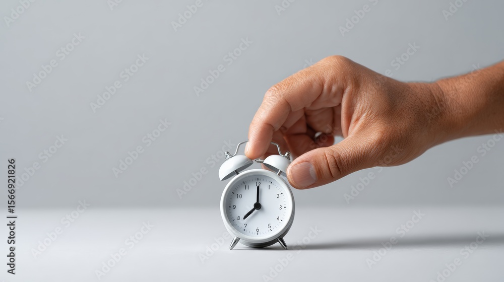 Poster hand holding a white alarm clock against a grey background, representing concepts of time management