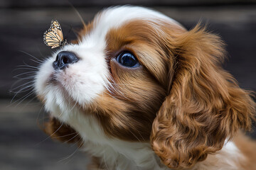 Charming Cavalier King Charles Spaniel Puppy With Delicate Butterfly on Nose