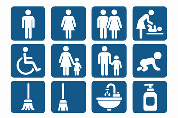 Printable blue sticker set with 12 bathroom icons on white. Includes baby, parent, cleaning, direction arrows. Clean signage for restrooms.