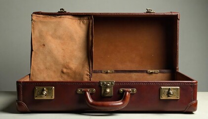 Open Vintage Brown Leather Suitcase, Empty Interior, Travel Nostalgia, Adventure Theme, Worn Details, Ready for Packing