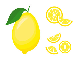 Whole lemon with green leaf and sliced lemon pieces. Fresh citrus fruit design isolated on white background.