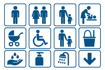 12 blue restroom icons for stickers. Includes male, female, unisex, baby, cleaning, soap, sink. For bathrooms and changing areas.