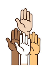 Obraz premium Raised cartoon hands in different skin tones