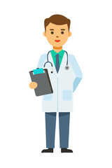 Fototapeta premium Cartoon doctor holding clipboard and stethoscope