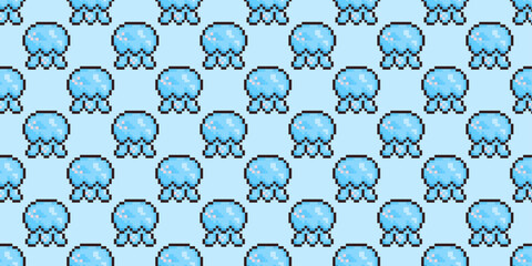 Seamless pixel pattern of cute blue jellyfish on a light background. Retro 8-bit marine theme perfect for summer, beach, or ocean-related designs, textiles, scrapbooking, and digital projects.