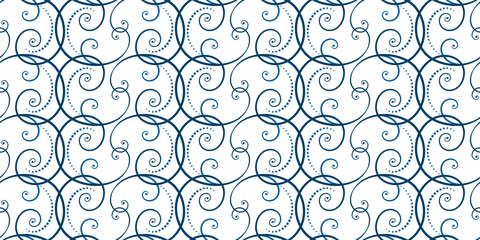 Seamless pattern of blue curls on white background. Frost pattern on the window. Ornament in ethnic style. Monochrome ornamental background of swirls. Winter holiday decor.