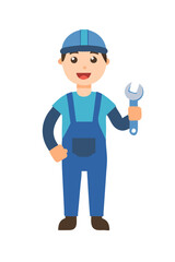 Cartoon male worker in overalls holding wrench