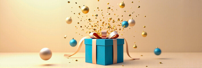 Luxurious blue gift box bursting open with floating golden confetti and festive baubles, For holiday cards, romantic events, New Year and Christmas, invitations and celebration ads