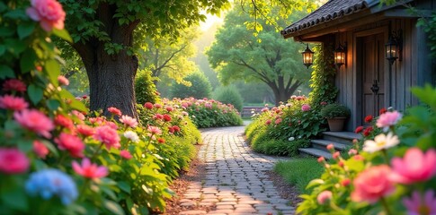 Winding Garden Path with Blooming Flowers A Magical Spring and Summer Scene