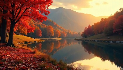 Golden Hour Autumn Landscape Warm Light Bathes Vibrant Crimson and Gold Hillsides Reflecting in a Still Pond.  Peaceful Fall Countryside Scene. Tranquil Nature Photography.