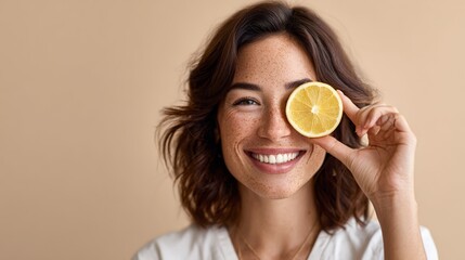 Cheerful woman with freckles holding a lemon slice over one eye, representing refreshing summer detox drinks, fresh juices, and a healthy lifestyle