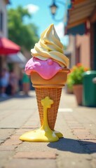 A melting ice cream cone drips down a sun-baked sidewalk, a comical summer mishap The sticky mess is surrounded by playful summer vibes Perfect for illustrating summer fun gone wrong , sun, funny