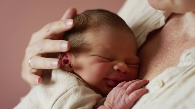 Newborn baby sleeping peacefully in mother's arms, close-up shot with soft lighting capturing tender moment of maternal care, bonding, and the innocence of infancy