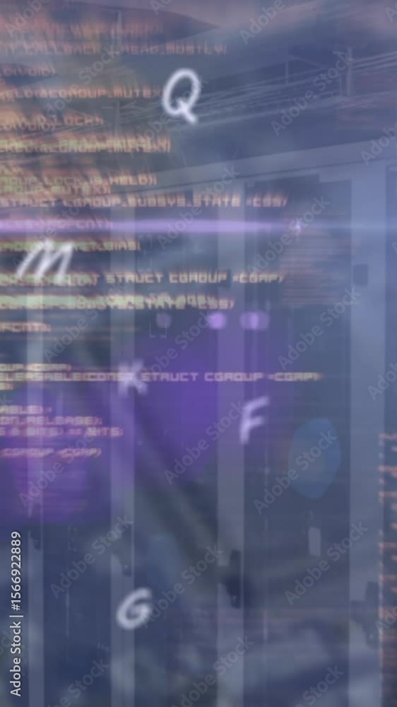 Poster animation of letters, lens flare and programming language moving over data room