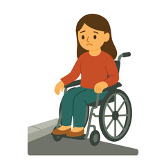 Sad woman in wheelchair facing inaccessible sidewalk without ramp on white background. Flat vector illustration. Urban accessibility barrier and inclusive infrastructure problem concept