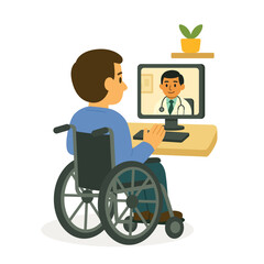 Man in wheelchair having online consultation with doctor via computer at home. Flat vector illustration. Telemedicine, digital healthcare and accessibility for disabled people concept