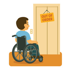 Man in wheelchair facing broken elevator with out of order sign in public building. Flat vector illustration. Accessibility problem and inclusive infrastructure failure concept