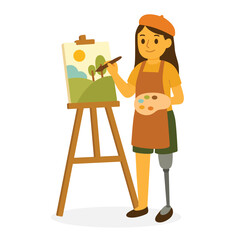 Woman with prosthetic leg painting landscape on canvas using easel and palette. Flat vector illustration. Artistic expression and creative activity of disabled people concept