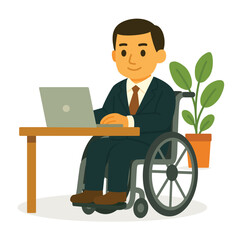 Businessman in wheelchair working on laptop at office desk with potted plant. Flat vector illustration. Professional employment and workplace accessibility for disabled people concept