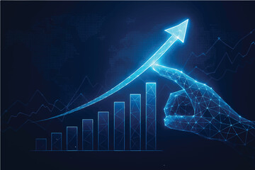 Business goal, marketing growth achievement and finance success strategy concept background with digital businessman poly wireframe hand, finger touch, arrow diagram, infographic chart and world map 