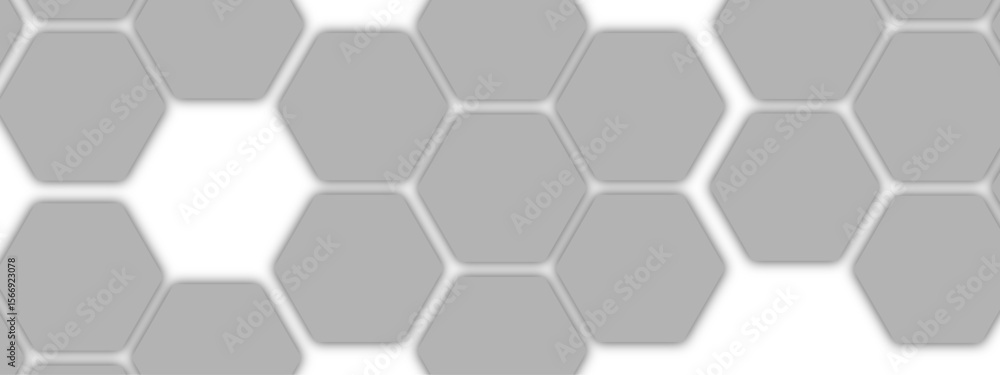 Poster Abstract modern, geometric background with  pattern of gray hexagonal tiles honeycomb formation on a white backdrop. Clean, symmetric, and tech-inspired, with  structure, modularity, and minimalism
