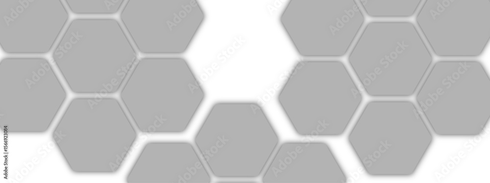 Poster Abstract modern, geometric background with  pattern of gray hexagonal tiles honeycomb formation on a white backdrop. Clean, symmetric, and tech-inspired, with  structure, modularity, and minimalism
