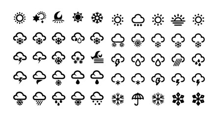 Weather Icon Set – Editable Stroke Vector Icons of Temperature, Sun, Rain, Snow, Cloud, Humidity, Wind, Storm, Summer, Winter, Spring, and More – Line Style Climate and Forecast Icons