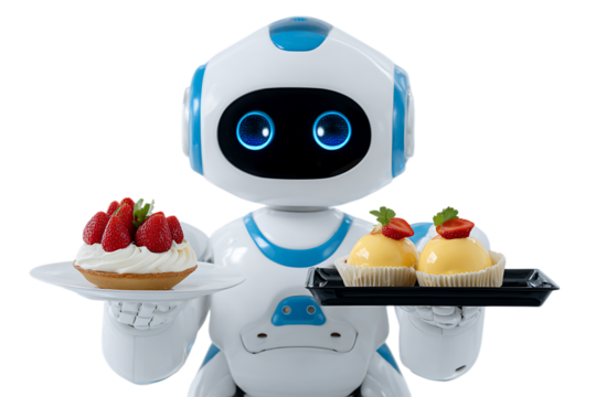 Friendly robot serving delicious pastries.