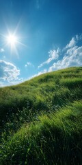Naklejka premium Green Rolling Hills Under Clear Blue Sky – Nature Background. Generative AI 