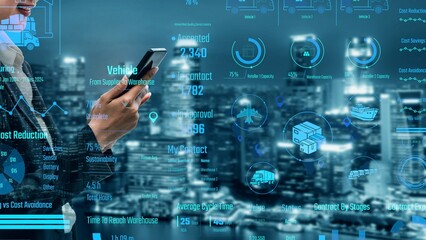 Supply chain management interface showing delivery routes, warehouse efficiency, cost savings, vehicle tracking, procurement ROI, and contract stages. Futuristic supply chain monitoring system. Thunk