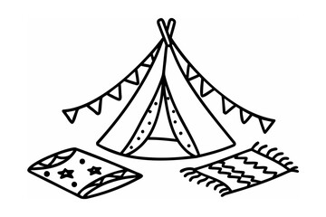 Teepee tent with decorative flags and floor coverings