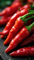 Freshly Picked Red Chili Peppers Glistening with Dew, Ready for Delicious Recipes