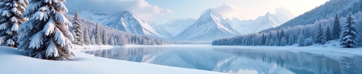 Serene Winter Wonderland Snow-Covered Trees, Frozen Lake, Majestic Mountain Range