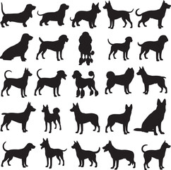 Extensive collection of diverse dog breed silhouettes in various poses, showcasing popular canine companions for pet-related designs, animal welfare, and veterinary themes, perfect for graphic .