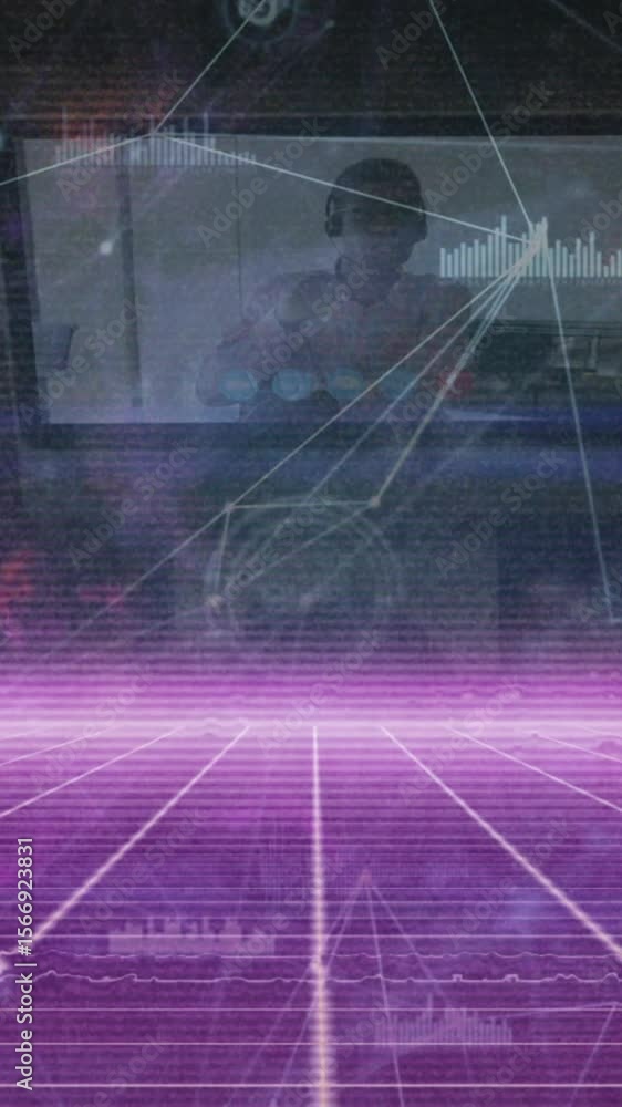 Poster animation of data processing on screen over network of connections