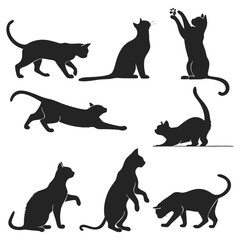 Collection of cat silhouettes in various poses on a white background