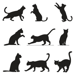 Collection of Cat Silhouettes in Various Poses on a White Background