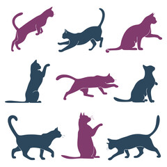 Collection of Cat Silhouettes in Various Poses on White Background