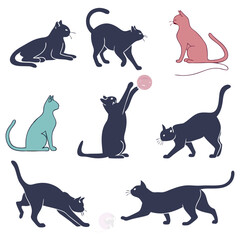 Collection of stylized cats in various poses on a white background