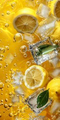 Refreshing Lemon Ice Cubes in Sparkling Yellow Liquid