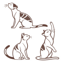 Three stylized cats in different poses with brown outline and markings